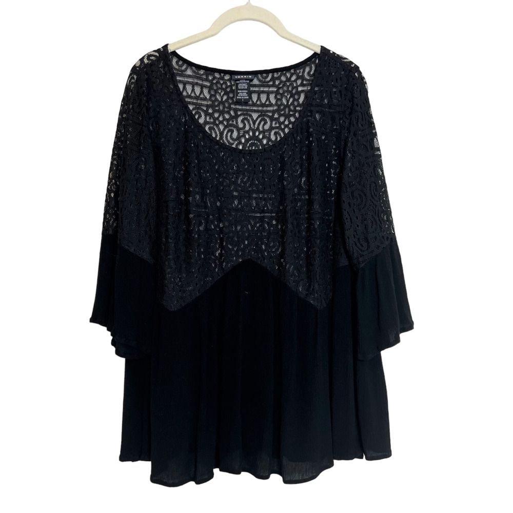 Torrid Womens Blouse Size 1X Black See-Through Lace Bodice Crinkle Fabric Boho